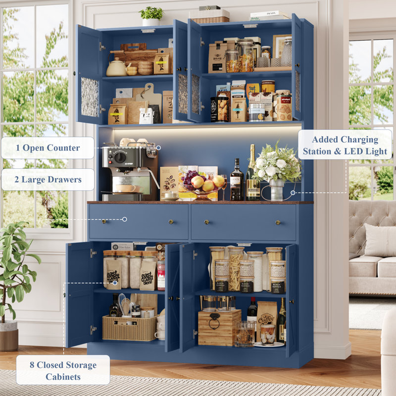 71" Kitchen Pantry with Charging Station, LED Light and Microwave Shelf, Wooden Storage Cabinet, Blue