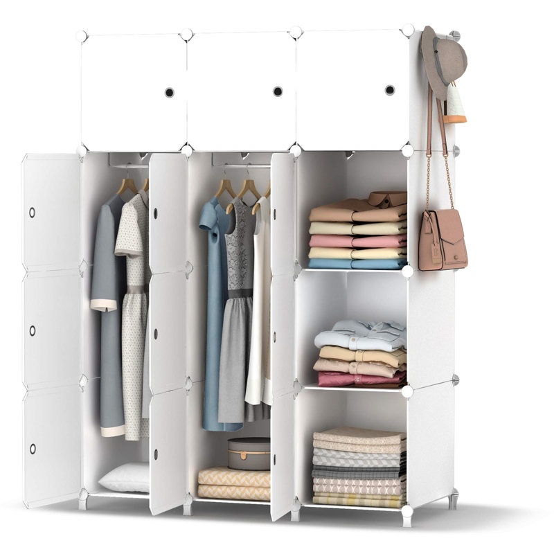 Portable Wardrobe Foldable Closet With 12 Compartments, Combination Armoire Modular Cabinet Clothes Storage Organizer Shelf With Clothes Hanging Rails For Bedroom