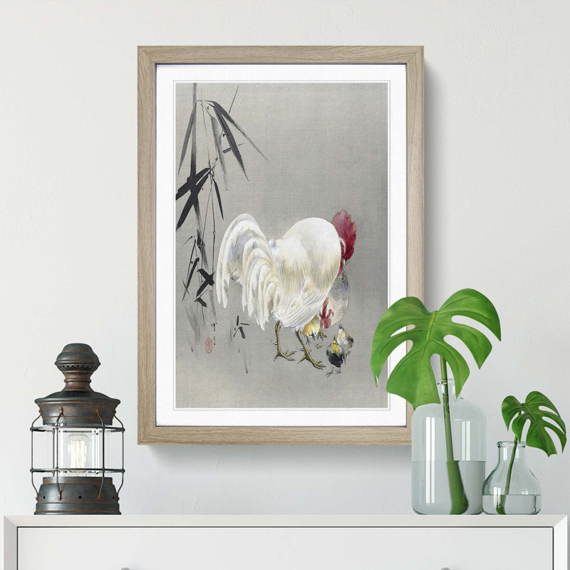 Rooster & Hen with Chicks by Watanabe Seitei - Picture Frame Graphic Art Print, 50cm H x 35cm W x 2cm D, Oak