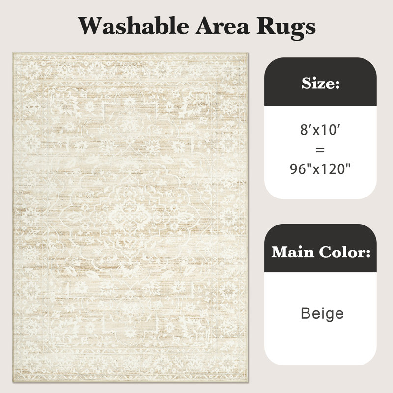 Stain Resistant Neutral Washable Rugs for Living Room, Floral Vintage Thin Area Rug (Beige), Rectangle 8' x 10'