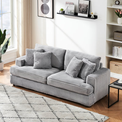 90.56" Corduroy 3 - Seater In Gray, 4 Matching Pillows, Modern And Spacious Seating, Comfortable For Various Postures, Fabric, Plastic Feet, Easy Installation Different Areas With Gray Lying Back,