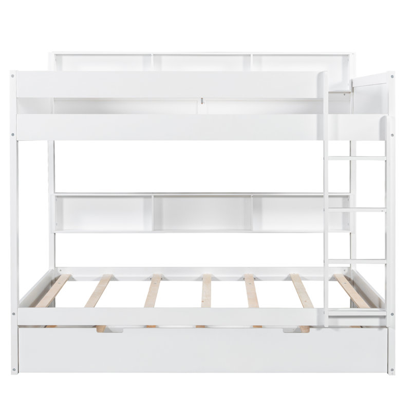 Full over full Bunk Bed with Trundle – Space-Saving Wooden Bed with Built-In Storage for Kids & Guests, White, Full Over Full
