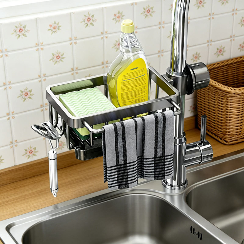 Support pour évier de cuisine et de salle de bain, support de drain amovible pour robinet avec ramasse-gouttes, Nickel brossé