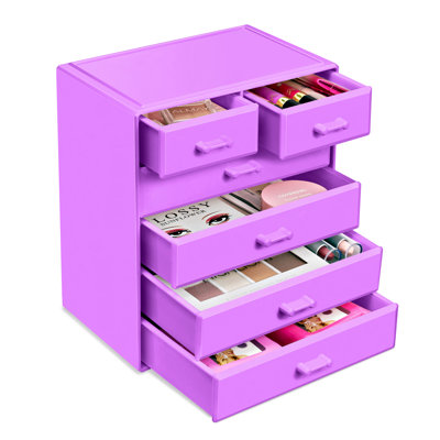 Boîte de rangement pour maquillage et coiffeuse, grande, 6 tiroirs, mauve