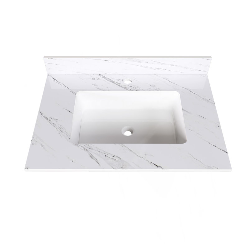 Comptoir de meuble-lavabo en marbre 31 po, comptoir blanc avec trous de robinet pré-percés, comptoir de salle de bain avec lavabo central rectangulaire encastré et dosseret de 4 po de hauteur