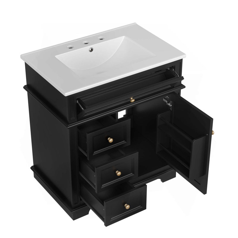 Meuble-lavabo de 30 po avec lavabo, un tiroir basculant, trois tiroirs, tablette de porte, porte à fermeture douce