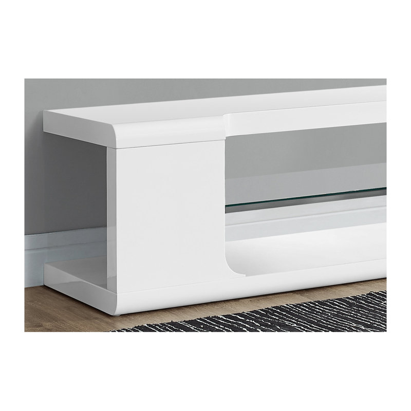 Meuble télé blanc brillant avec tablette en verre trempé transparent