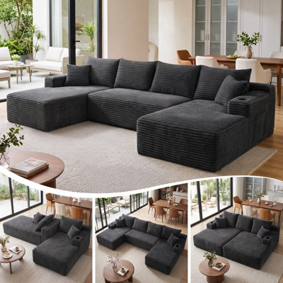  Canapé modulaire surdimensionné en forme de U de 134 po en velours côtelé avec méridienne double, porte-gobelets, poches de rangement latérales et coussins décoratifs, sans assemblage requis, pour le salon, gris
