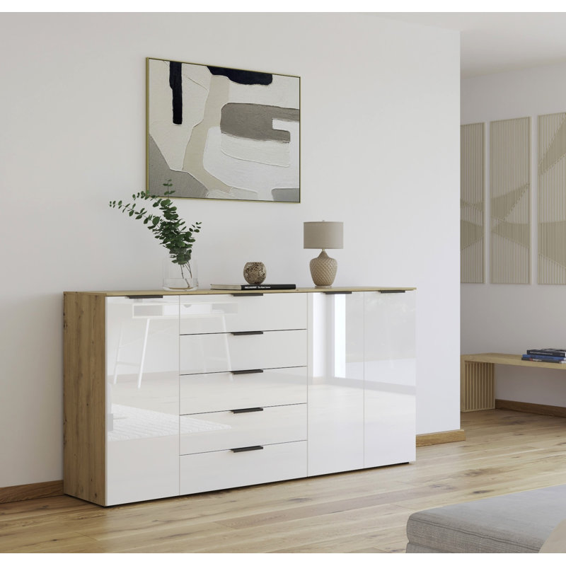 5 - Drawer Chest of Drawers, Artisan Oak/White Glass/Graphite