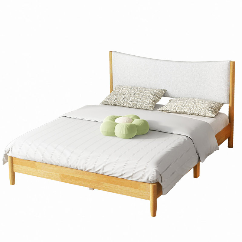 Lit en bois d'hévéa massif avec tête de lit tapissier Boucle, rehaussé de pieds de soutien