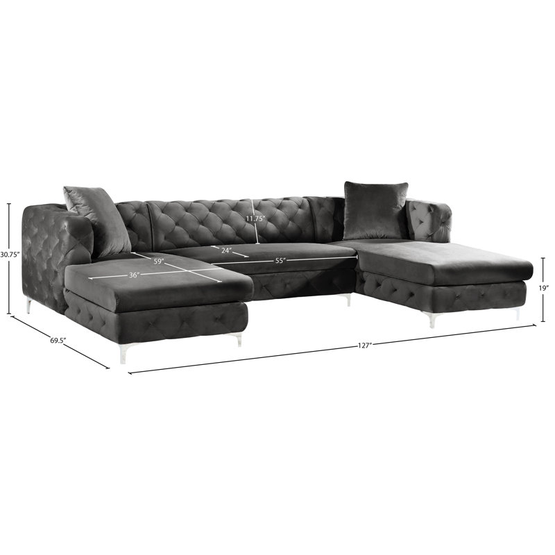 Miranda Velvet U-Shaped Sectional Symmetrical, Grey Velvet