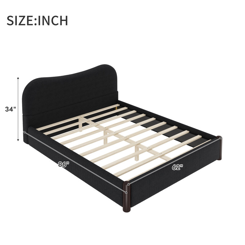 Grand lit plateforme tapissier avec pieds en bois robustes, noir, Noir, Grand lit