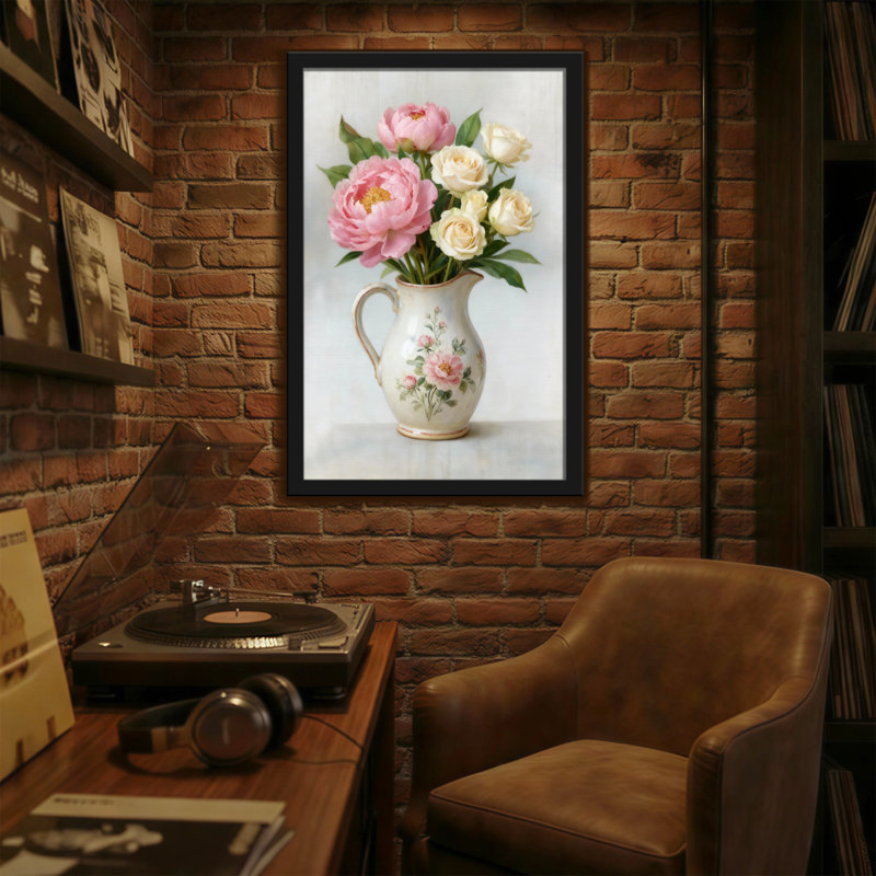 Plantes et fleurs pivoines roses et roses blanches dans un vase, H 18 po x l 12 po