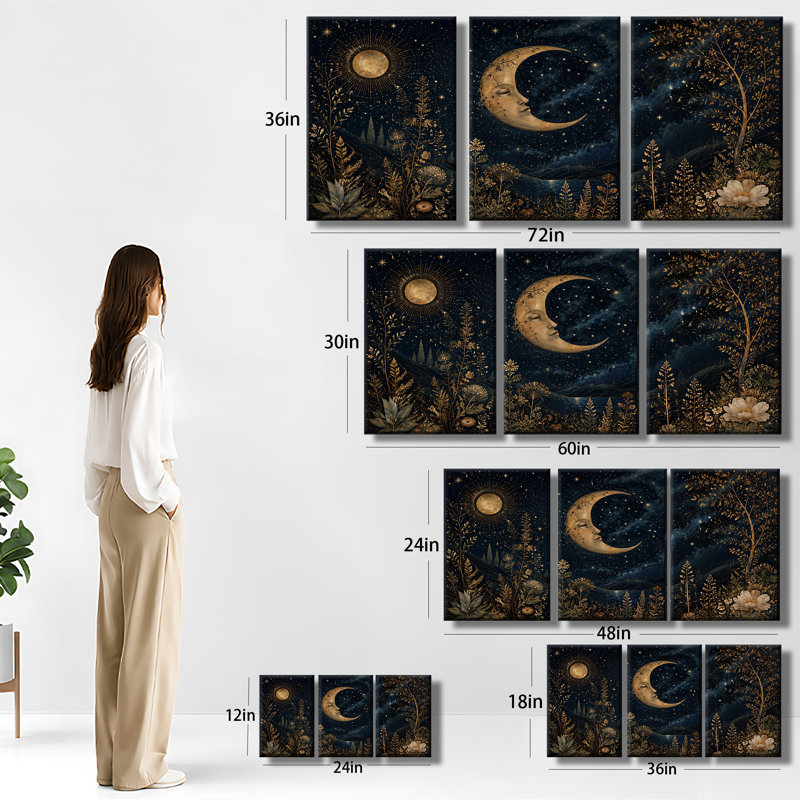 Reproduction d'art sur toile or, soleil, lune, étoile, paysage nocturne, ciel nocturne céleste, H 12 po x l 24 po x P 1 po