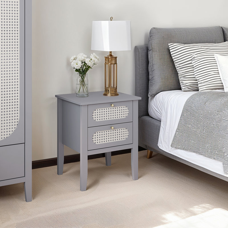 Arthen Rattan 2 Drawer Bedside Table, Grey