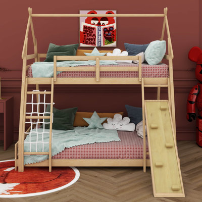 Lit superposé simple au-dessus de grand lit avec filets d'escalade et rampe d'escalade