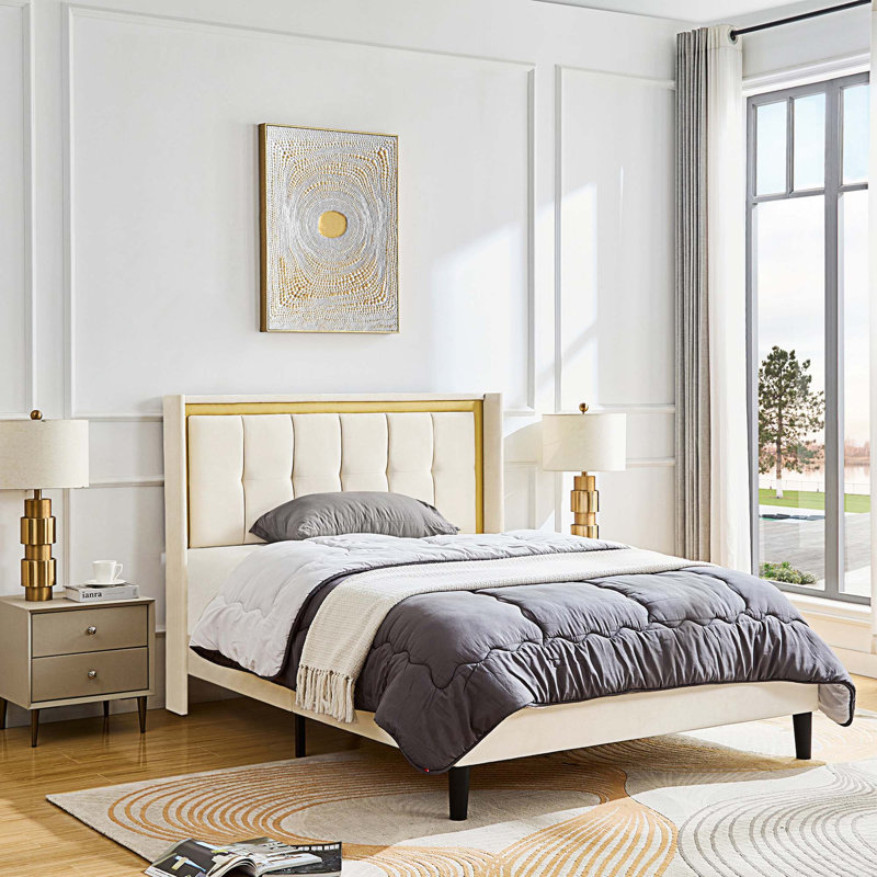Lit plateforme tapissier Melissia, Très grand, Beige