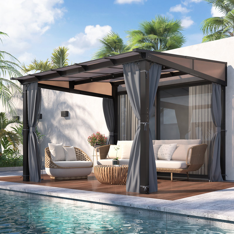 Aluminum Patio Gazebo, Wall-mounted Polycarbonate Hardtop Gazebo, 20 ft. W x 12 ft. D
