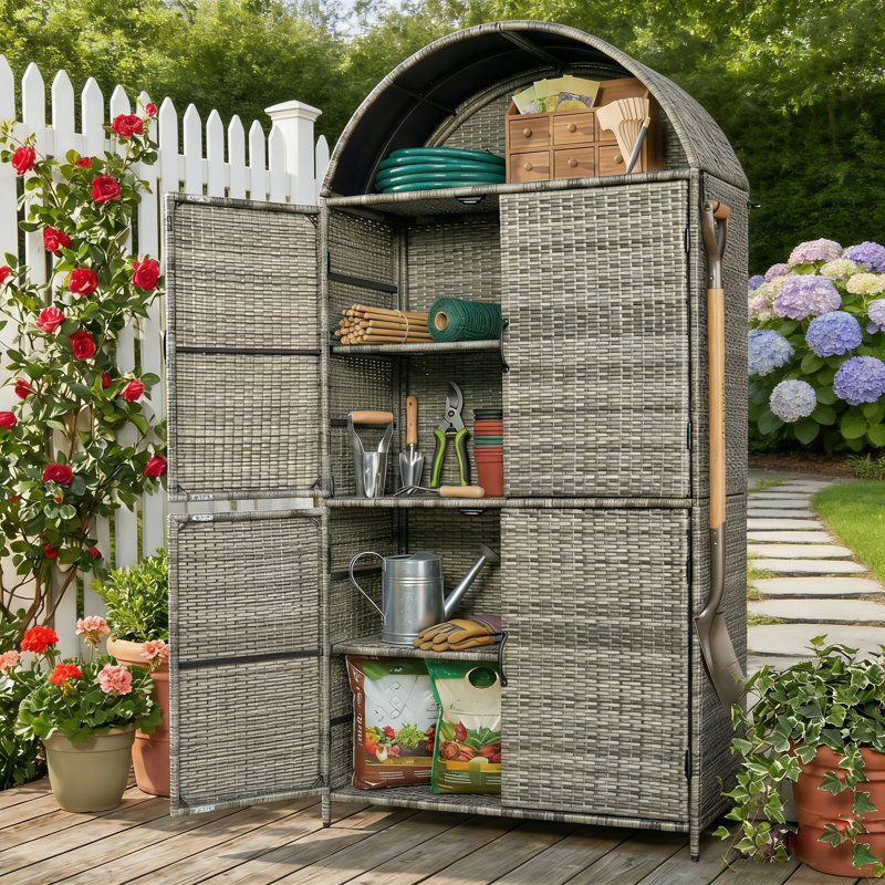 72" Arched Wicker Outdoor Storage Cabinet With Adjustable Shelves & Side Hooks, Gray
