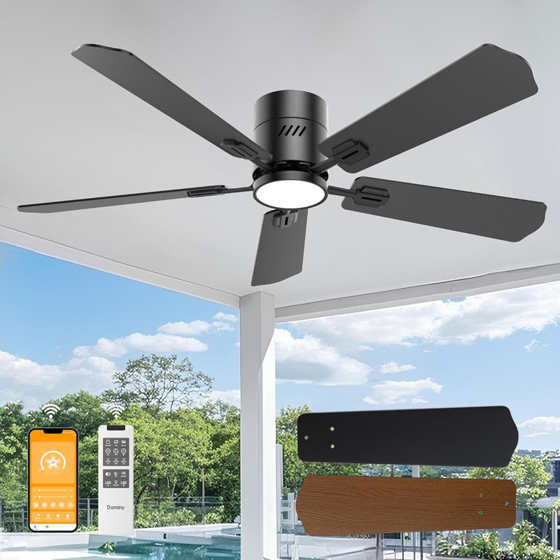 52 Inch 5 Blades Ceiling Fans With Lights,Flush Mount,6CCT, Low Profile Ceiling Fan With Light And Remote Control,DC Motor,Ceiling Fan For Bedroom, Kitchen,Living Room,Indoor/Outdoor Use
