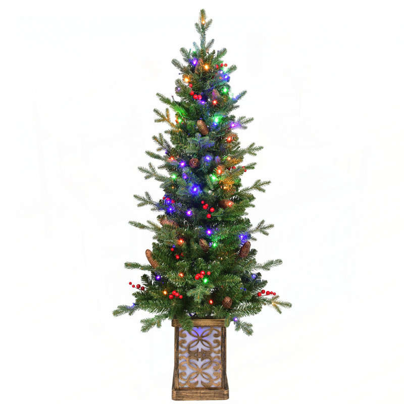 Arbre de Noël illuminé 4 pi avec base scintillante, 100 lumières DEL multicolores, pommes de pin à baies rouges, branches en PVC polyéthylène
