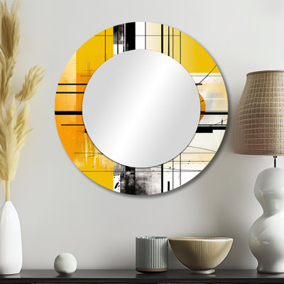 Yellow Brilliant Echoes Abstract Collages II - Miroir d'appoint rond moderne, impression sur métal