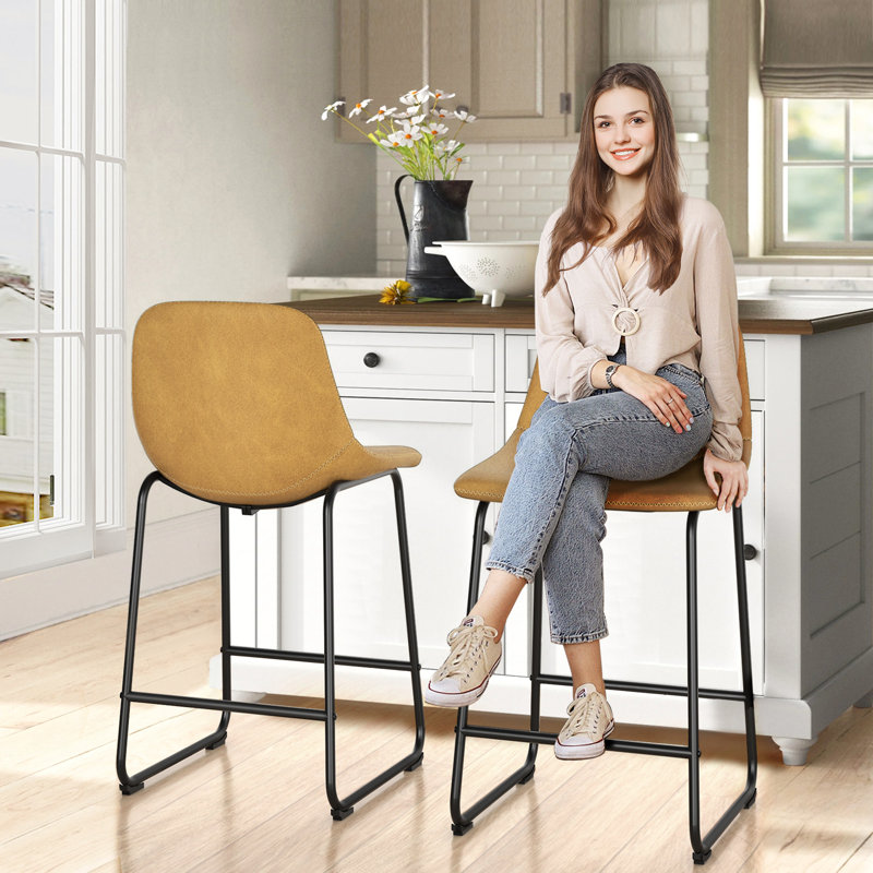 Tabourets de bar en cuir Parveena, Tabouret de comptoir (siège d'une hauteur de 24 p, Jaune, 2