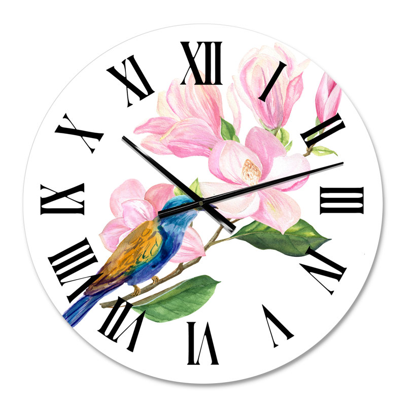 Oiseau bleu assis sur un brin de magnolia rose - Horloge murale traditionnelle, Surdimensionné