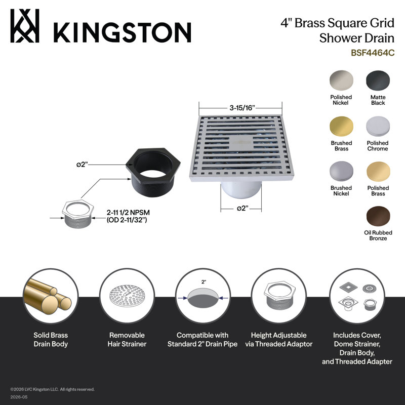 Kingston Brass Watercourse 4-Inch Square Shower Drain, Polished Nickel