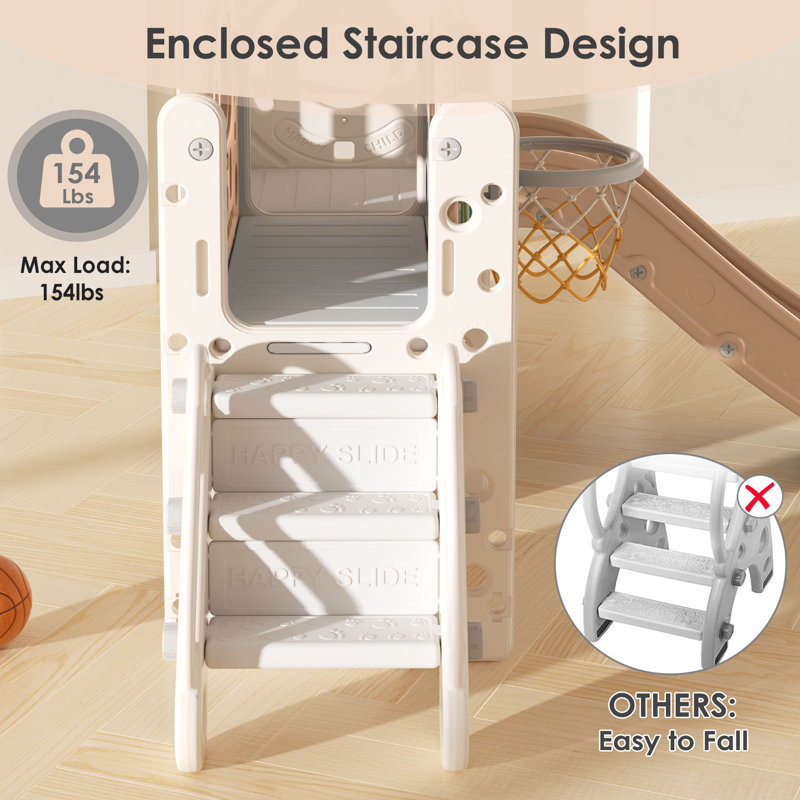 Beige and White 10-in-1 Toddler Slide Playset with Basketball Hoop