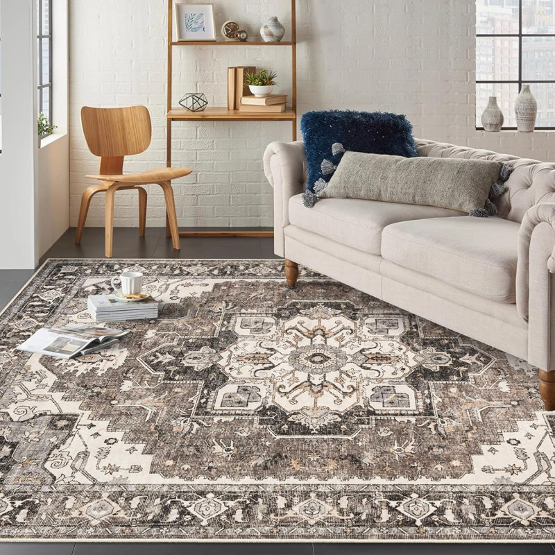 Rug Hallway - Washable Kitchen Vintage Stain Resistant Rugs Indoor Ultra-Thin Soft Floor Mat Non-Slip Rubber Backing Carpet for Bathroom Living Room Bedroom (Beige)