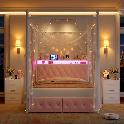 Ensemble de chambre à coucher pour enfants: cadre de lit à baldaquin à DEL avec ports de charge + 2 tables de chevet avec prises et tiroirs (Whisper-Soft Pink, tailles F)