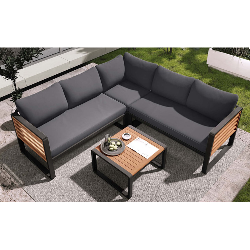 Ensemble de canapé de patio en L 4 pièces avec tables basses, Gris