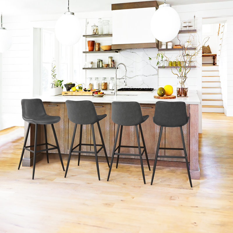 Dark Gray Faux Leather Industrial Bar Stools with Metal Frame, Set of 4