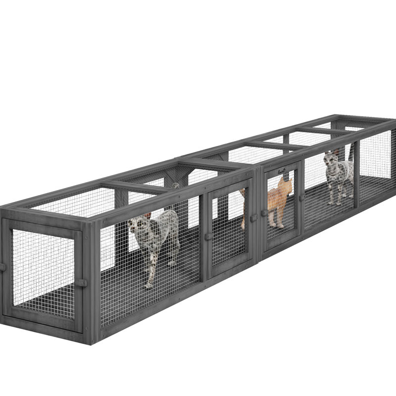 Tunnel pour chat en plein air, 98 po, combinaison en bois, gris foncé pour animaux de compagnie, 8 portes