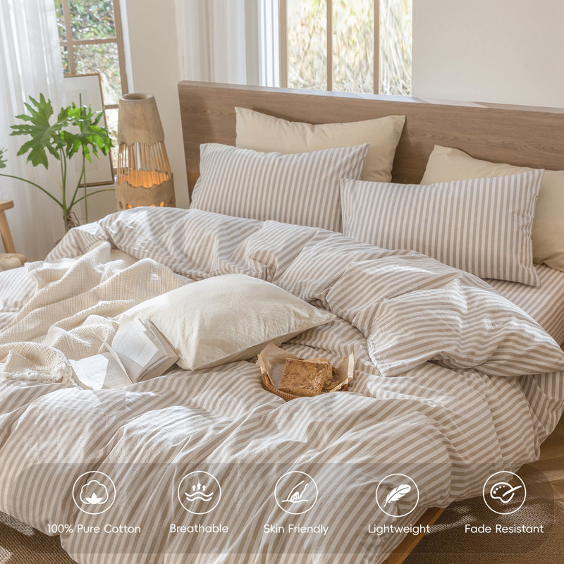MooMee Striped Duvet Cover Set 100% Washed Cotton Linen Like Textured, King Duvet Cover + 2 King Pillowcases