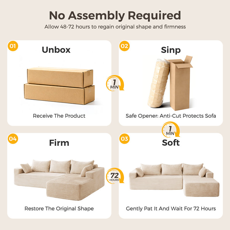 106” Sectional Couch With Chaise, Cloud Boneless Couches Flannel Plush With Deep Seat, L-shaped Compressed Modular Sofa With Cushions For Living Room, Small Space, Beige