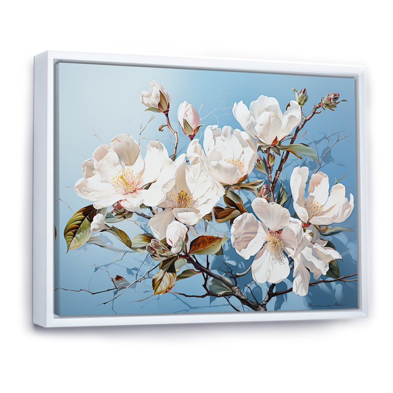 «Magnolias» blanc et bleu I - impression, H 30 po x l 40 po x P 1,5 po, Cadre flottant blanc