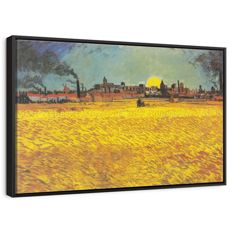 Champ de blé au coucher du soleil, 40 po x 27 po, Cadre flottant noir