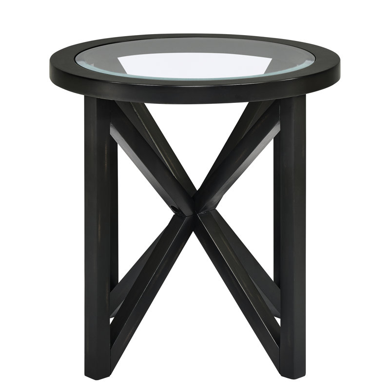 Glass Coffee Table with Solid Wood Base, Black, 22.62" H x 22.13" W x 22.13" D