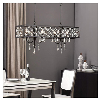 Lustre rectangulaire moderne en cristal avec abat-jour à perles en forme de goutte de pluie, suspension noire réglable pour salle à manger et îlot de cuisine (ampoules non comprises)