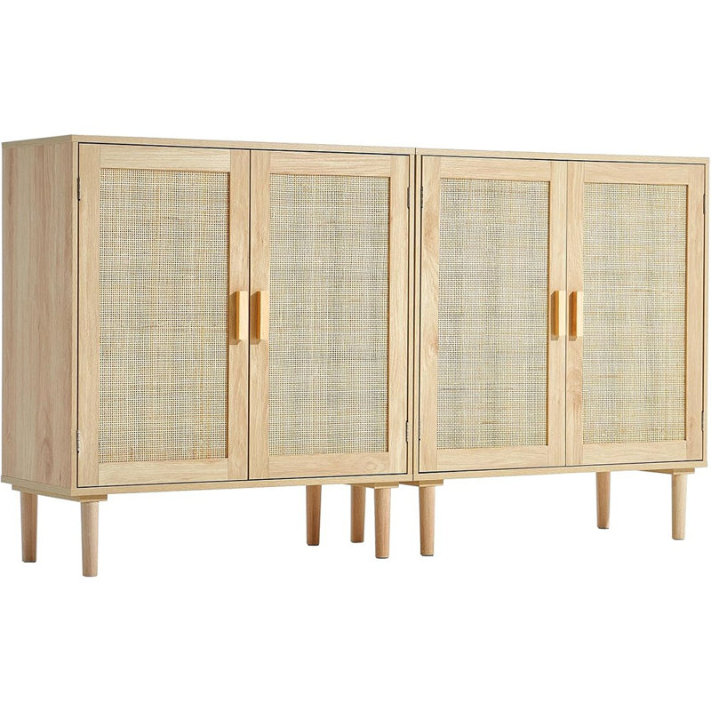 Buffet en rotin, buffet 4 portes avec tablettes réglables, naturel
