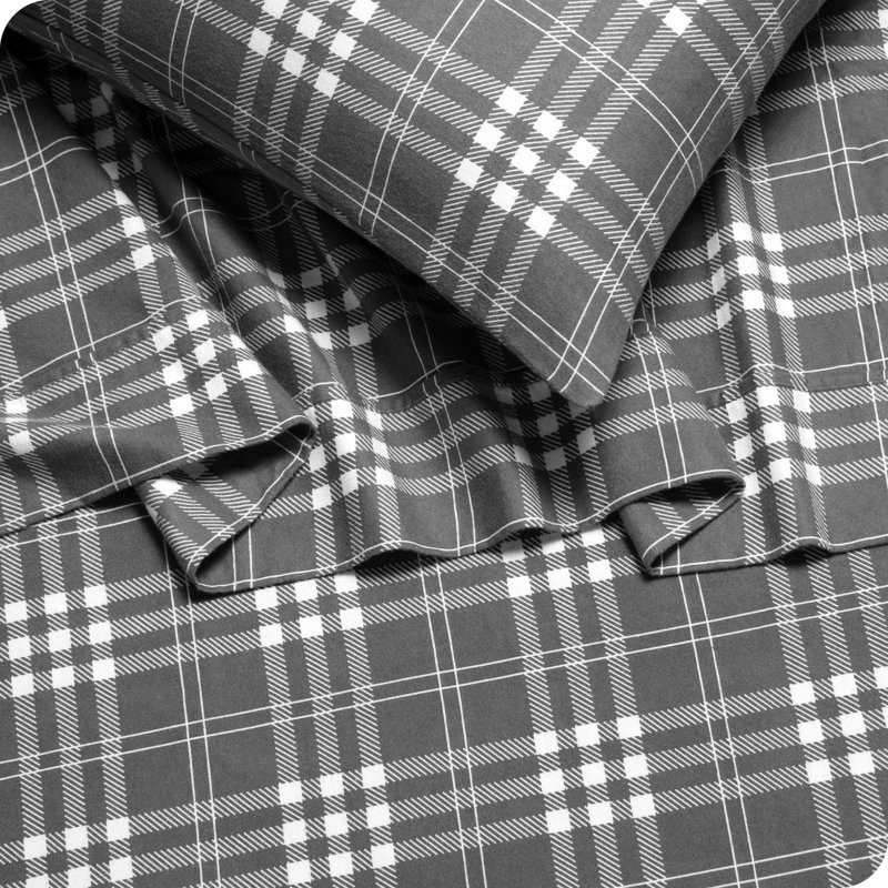 Flannel Machine Woven Plaid Sheet Set, Twin XL Sheet Set with 1 Pillowcase, Gray/White Stirling Plaid