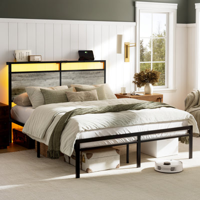 Antioch Full Platform Bed with Storage Headboard, LED Light & Charging Station, USB & Type-C Ports, No Box Spring Needed