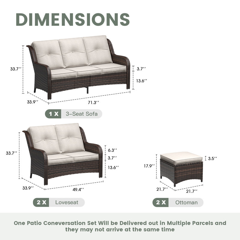7-Person Patio Wicker Conversation Set with 3-Seat Sofa, Loveseats, and Ottomans, Beige