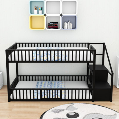Metal Twin Over Twin Bunk Bed with Stairs and Guard Rails