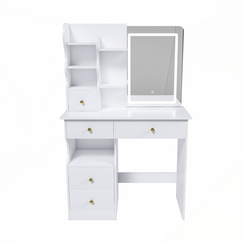 5-Drawer Dressing Table with Movable Mirror and LED Light for Bedrooms