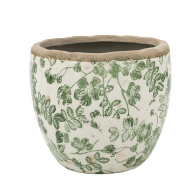 7.3x7.3x6.7" Vintage-Inspired Ceramic Vase with Distressed Green and White Botanical Pattern