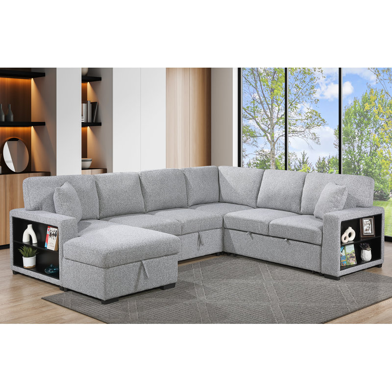 U-shaped Sectional Sofa Bed Pull Out Sleeper Couch With Storage Chaise, Gray