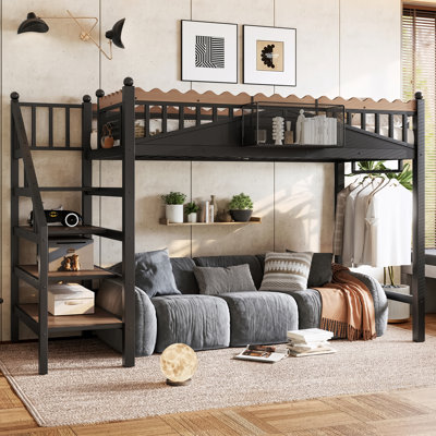 Lit simple mezzanine de taille XL avec escalier de rangement, structure de lit mezzanine en métal avec tablettes de rangement et bibliothèque, lit mezzanine pour chambre à coucher, chambre d'amis, dortoir